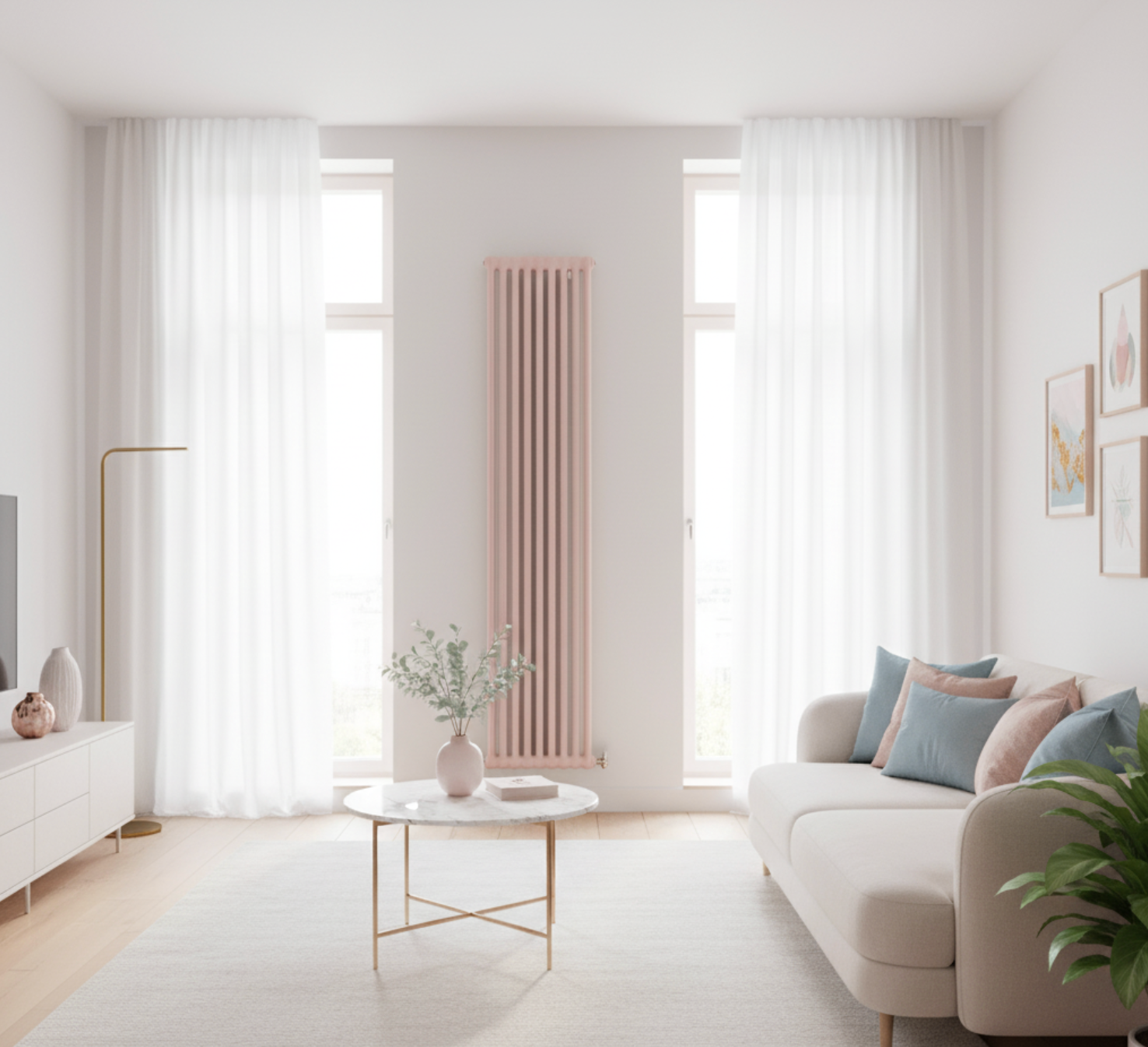 a pink radiator in a bright apartment